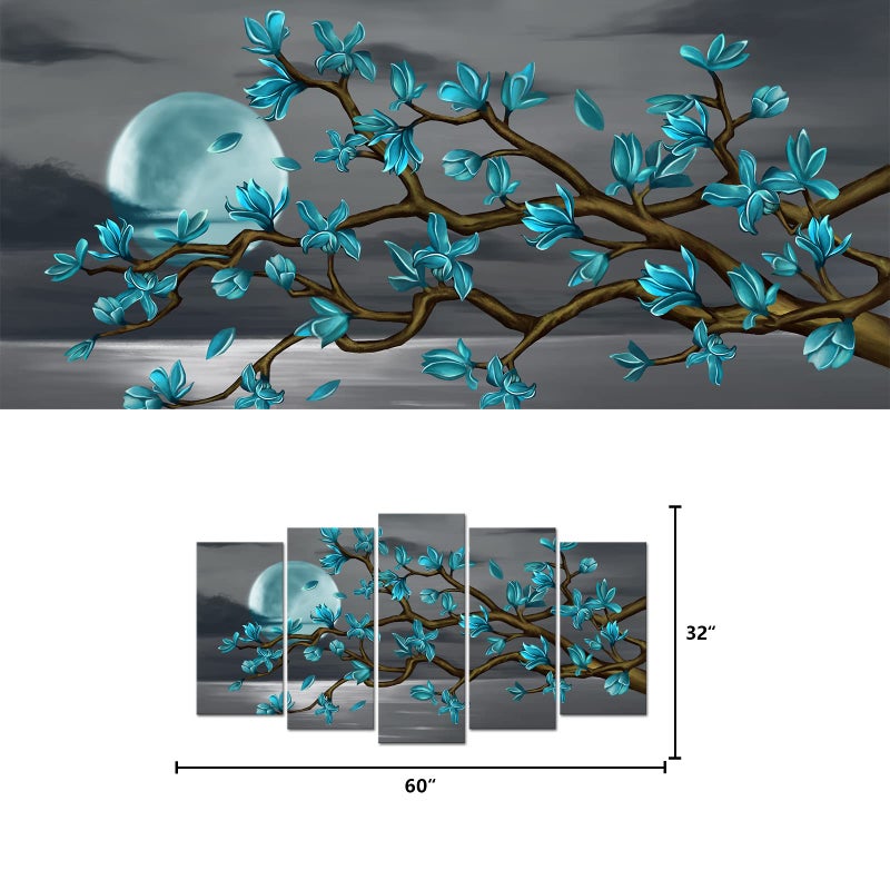 Visual Art Decor Turquoise Flower Tree Wall Art Large Canvas Wall Art Framed for Living Room Bedroom Teal Bedroom Decoration, Large 5 Pieces, Overall 60inchx32inch - Image 5